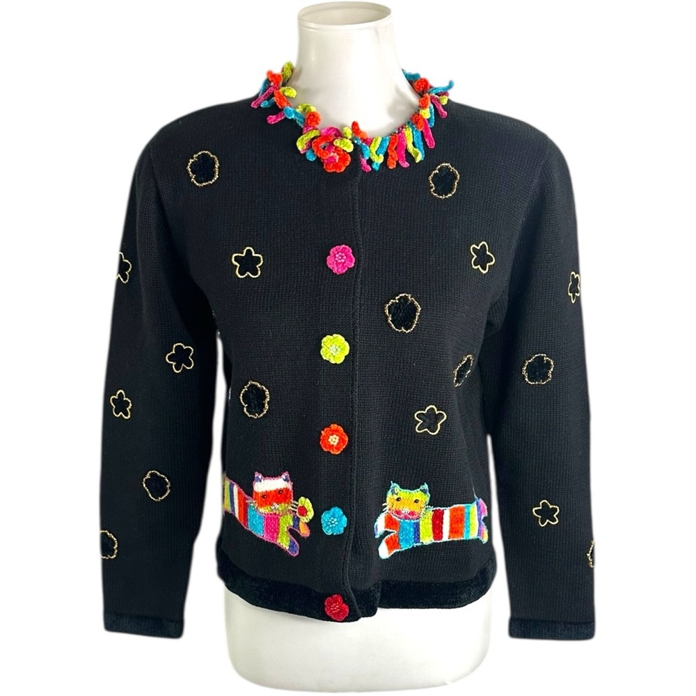 Berek 2 Cardigan Sweater Top Black Cats Flowers Size Small